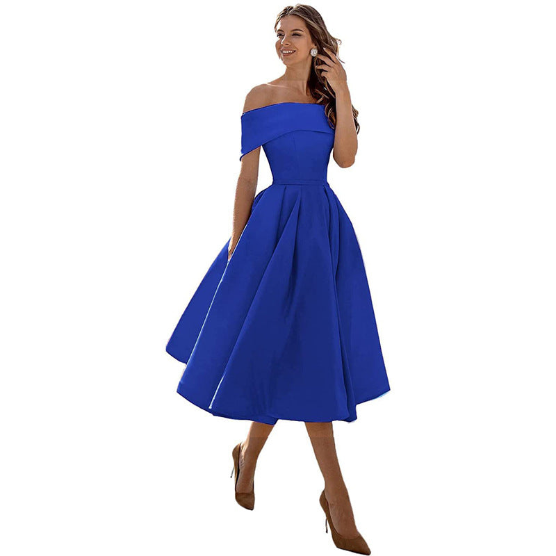 Phoebe Walker | Off-Shoulder Tea Length Satin Dress For Women