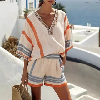 Isla Rafferty | Linen Striped V-Neck Top & Shorts Set For Women