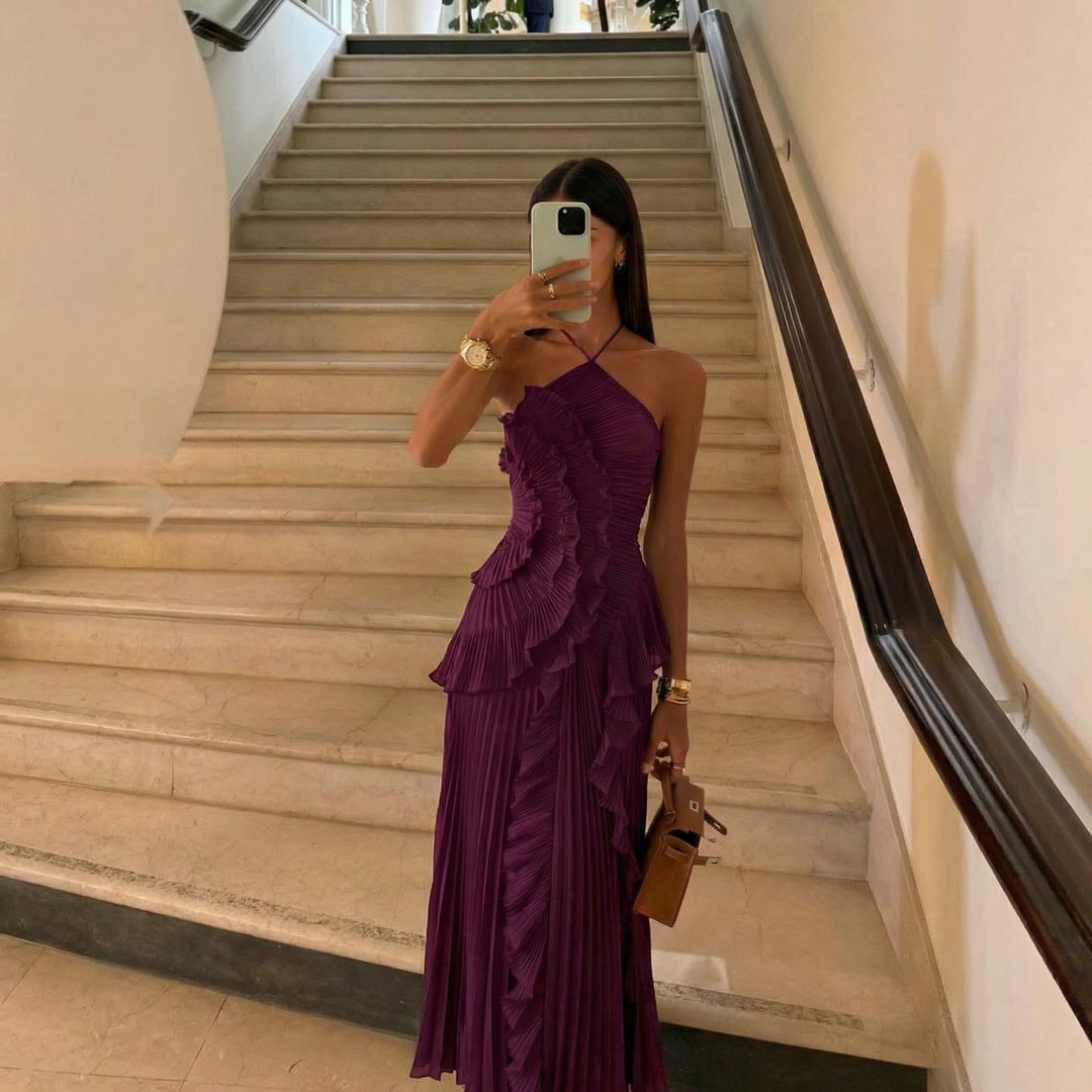 Grace Holloway | Pleated Ruffle Halter Maxi Dress For Women