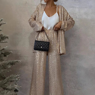 Amelia Hughes | Sequin Two-Piece Set With High-Waisted Pants For Women