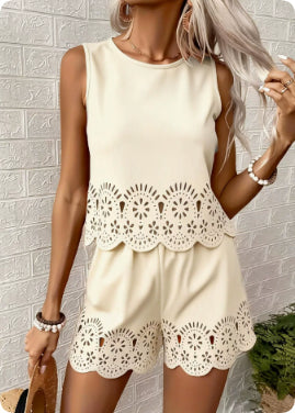 Amelia Rafferty | Eyelet Scallop Crop Tank & Shorts Set For Women — Butter Yellow