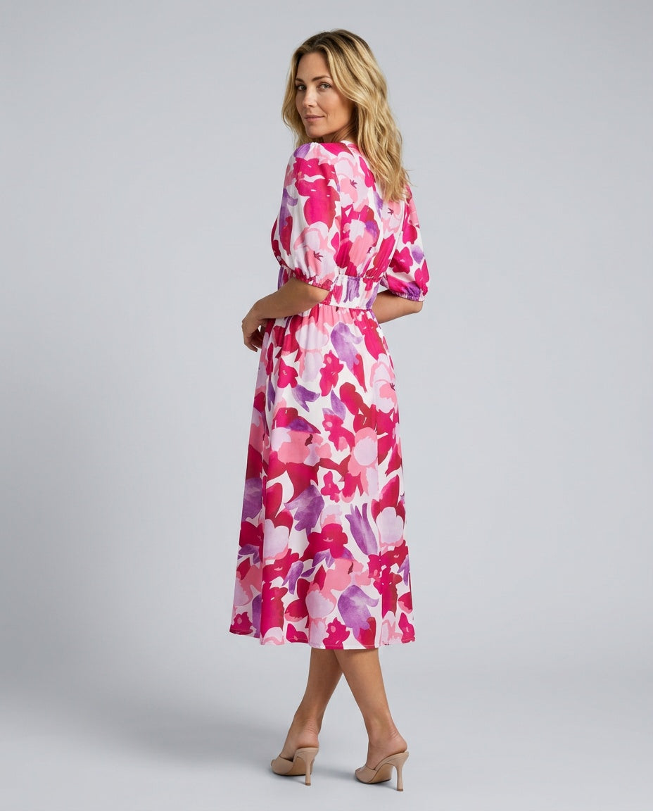 Phoebe Harrison | V-Neck Puff Sleeve Pleated Midi Dress For Women