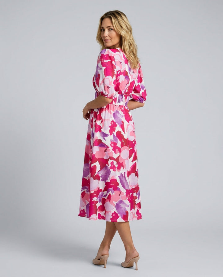 Phoebe Harrison | V-Neck Puff Sleeve Pleated Midi Dress For Women