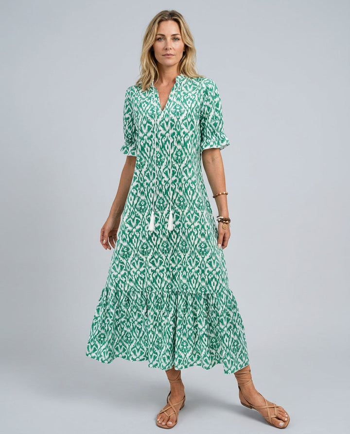 Isla Hargreaves | Ikat Print Tassel V-Neck Midi Dress For Women