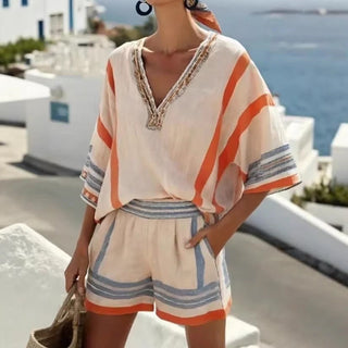 Isla Rafferty | Linen Striped V-Neck Top & Shorts Set For Women