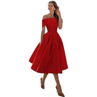 Phoebe Walker | Off-Shoulder Tea Length Satin Dress For Women