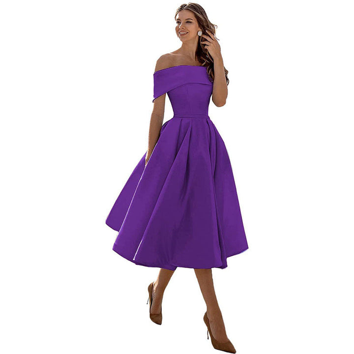 Phoebe Walker | Off-Shoulder Tea Length Satin Dress For Women