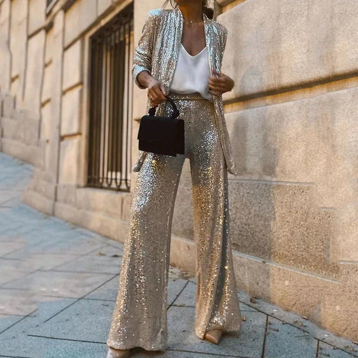 Amelia Hughes | Sequin Two-Piece Set With High-Waisted Pants For Women