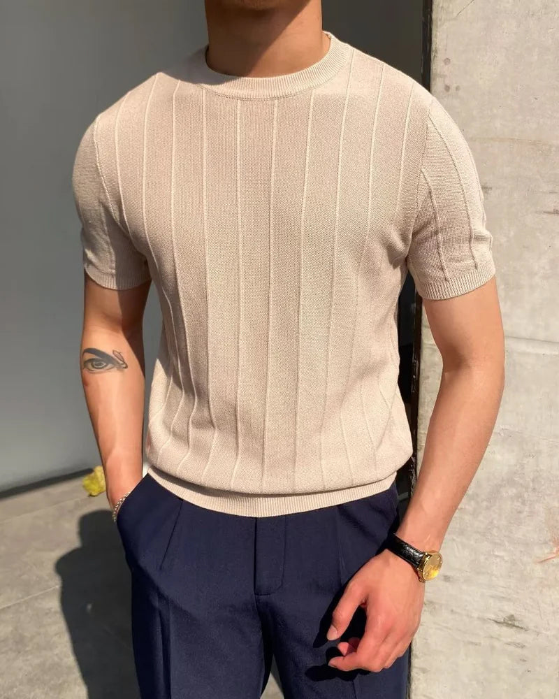 Luca Ferraro | Ribbed Knit T-Shirt with Sculpted Fit Elegance For Men