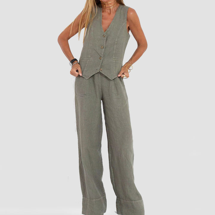 Emma Sheridan | Linen Vest & Wide-Leg Pants Set For Women