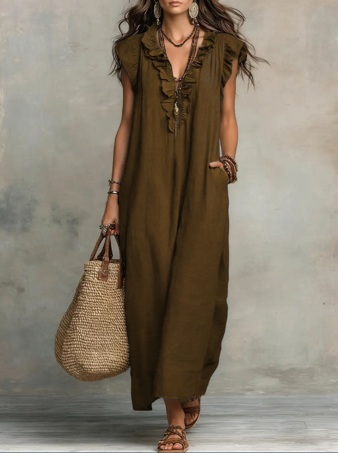 Mia Wilson | Bohemian Ruffle V-Neck Maxi Dress For Women
