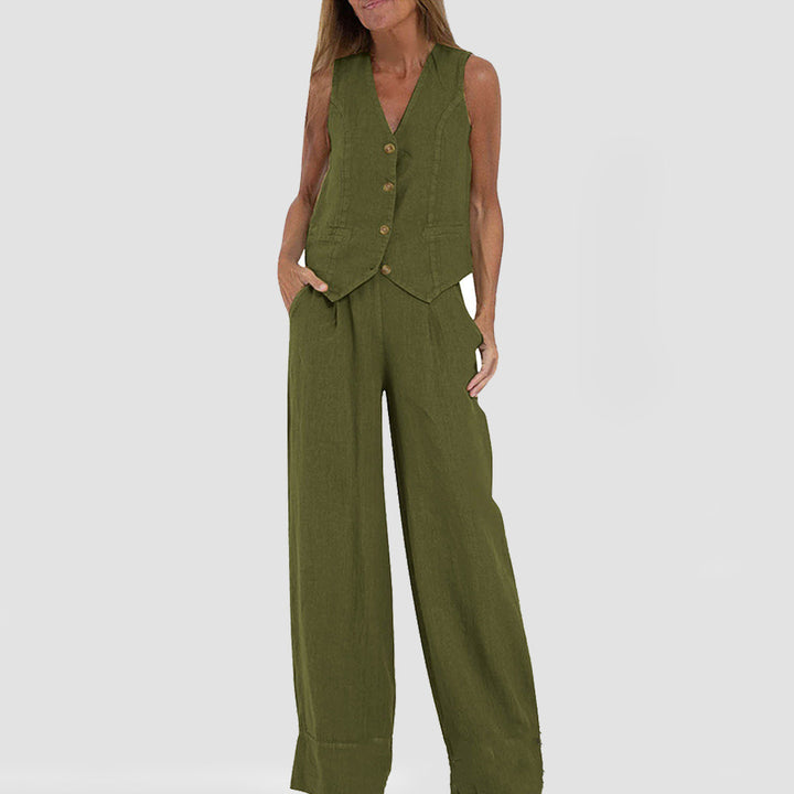 Emma Sheridan | Linen Vest & Wide-Leg Pants Set For Women