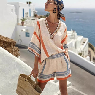 Isla Rafferty | Linen Striped V-Neck Top & Shorts Set For Women