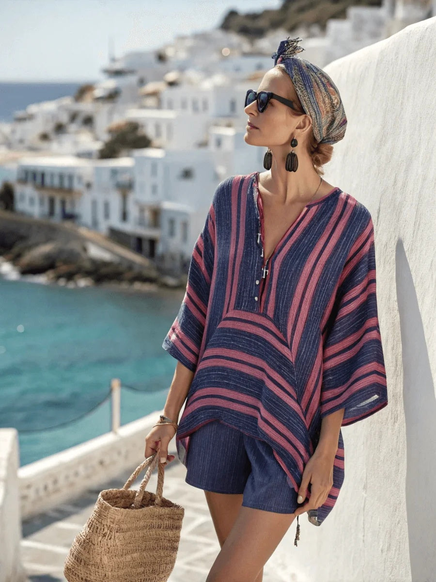 Isla Rafferty | Linen Striped V-Neck Top & Shorts Set For Women