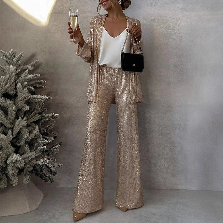 Amelia Hughes | Sequin Two-Piece Set With High-Waisted Pants For Women
