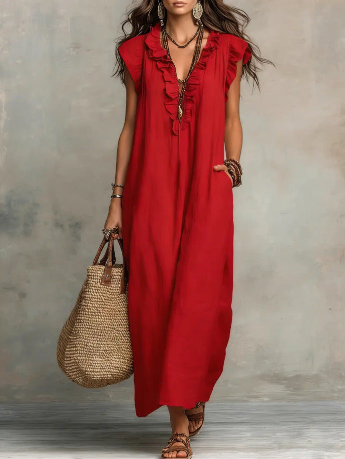 Mia Wilson | Bohemian Ruffle V-Neck Maxi Dress For Women