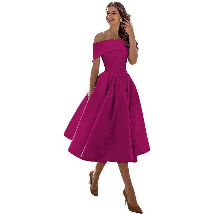 Phoebe Walker | Off-Shoulder Tea Length Satin Dress For Women