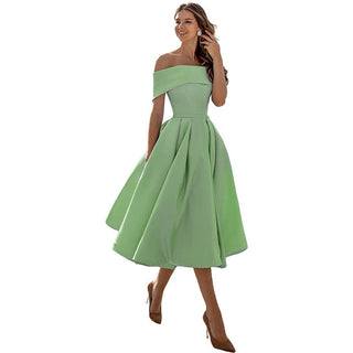 Phoebe Walker | Off-Shoulder Tea Length Satin Dress For Women