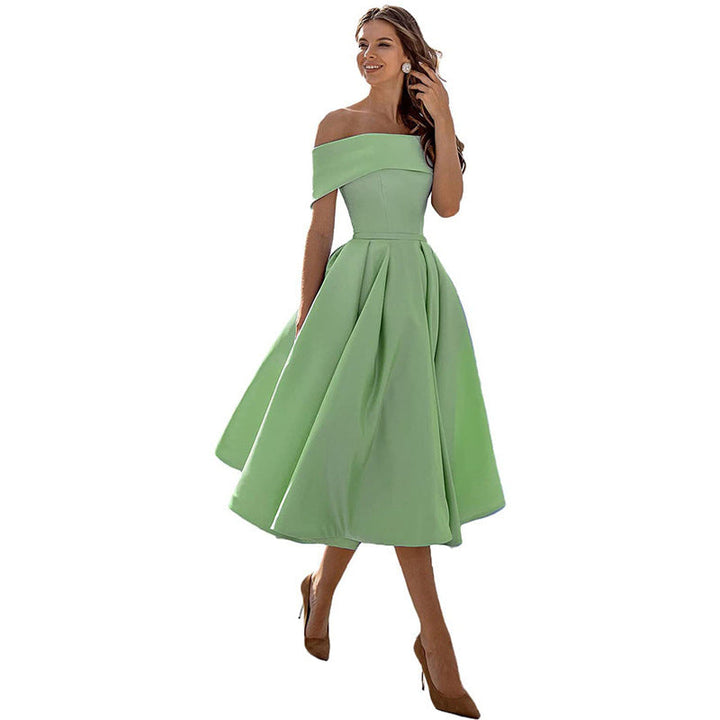 Phoebe Walker | Off-Shoulder Tea Length Satin Dress For Women