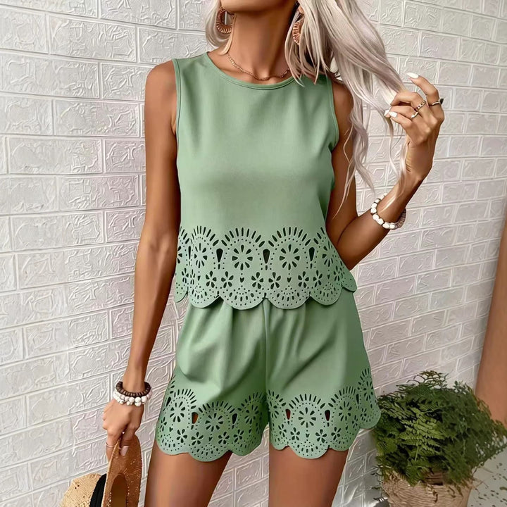 Amelia Rafferty | Eyelet Scallop Crop Tank & Shorts Set For Women — Butter Yellow