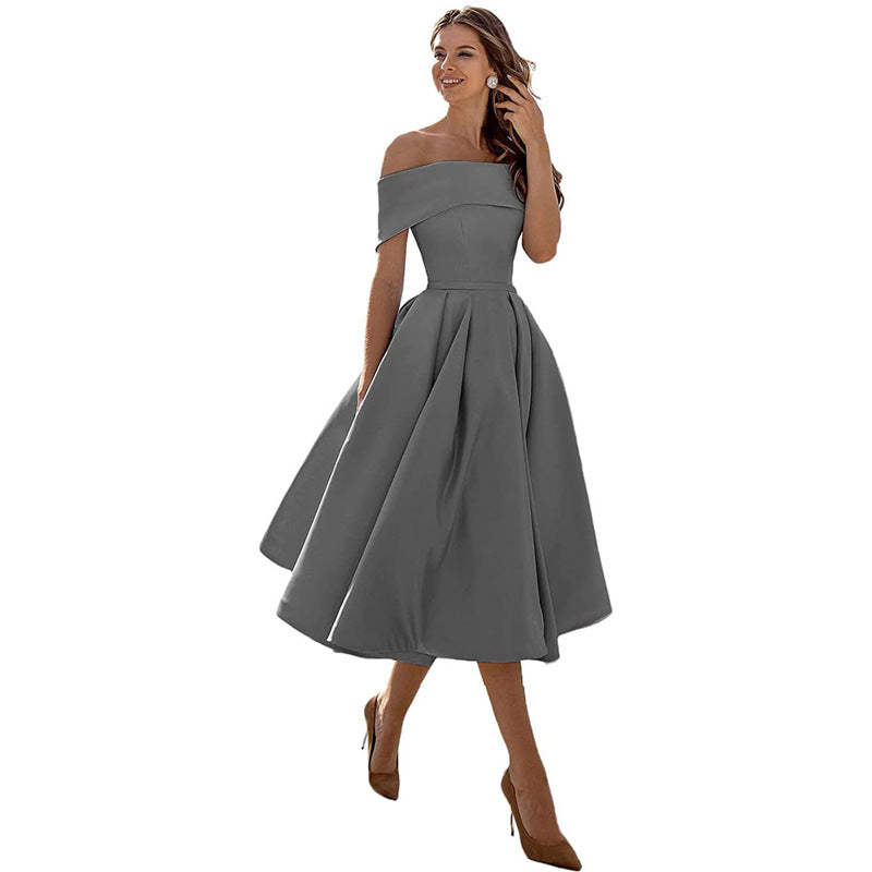 Phoebe Walker | Off-Shoulder Tea Length Satin Dress For Women