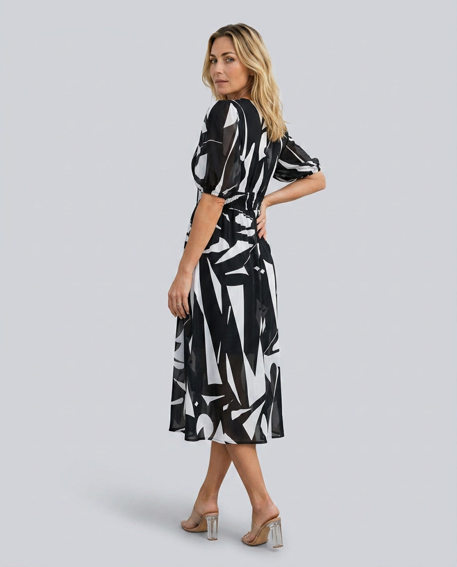 Phoebe Harrison | V-Neck Puff Sleeve Pleated Midi Dress For Women