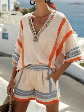 Isla Rafferty | Linen Striped V-Neck Top & Shorts Set For Women