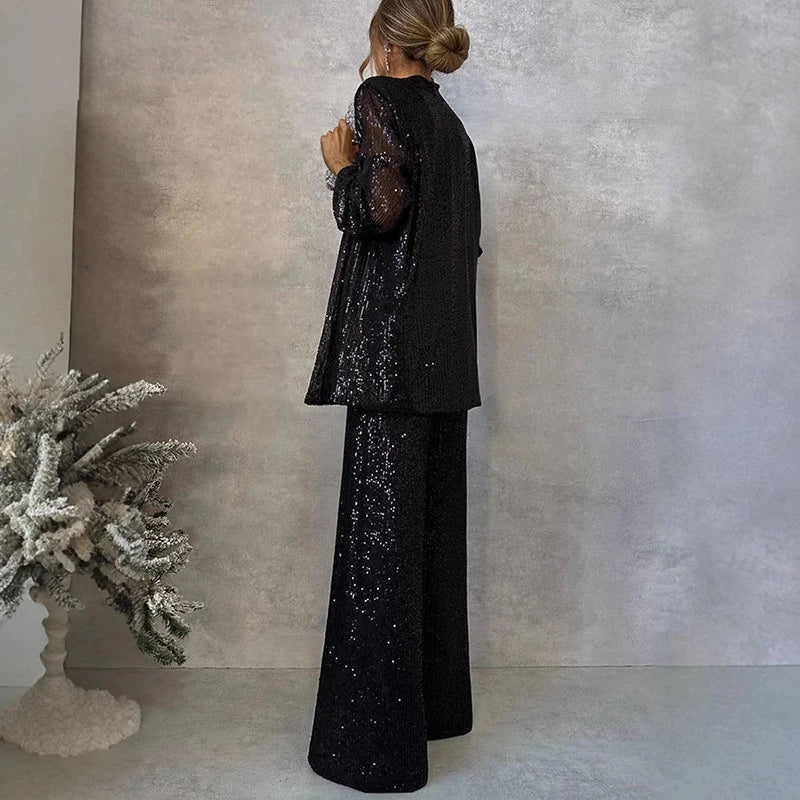 Amelia Hughes | Sequin Two-Piece Set With High-Waisted Pants For Women