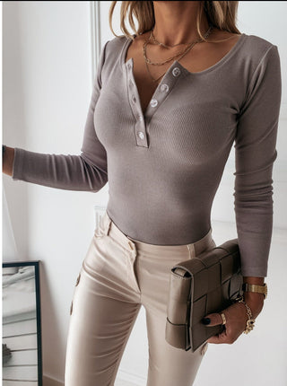 Elise Laurent | Ribbed Button Long Sleeve Top For Women