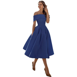 Phoebe Walker | Off-Shoulder Tea Length Satin Dress For Women