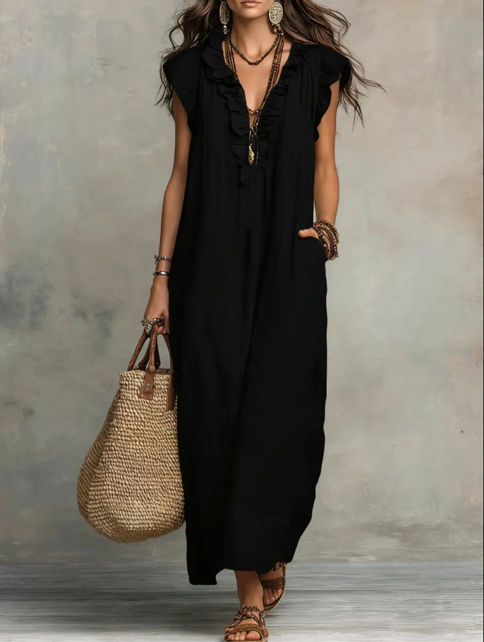 Mia Wilson | Bohemian Ruffle V-Neck Maxi Dress For Women