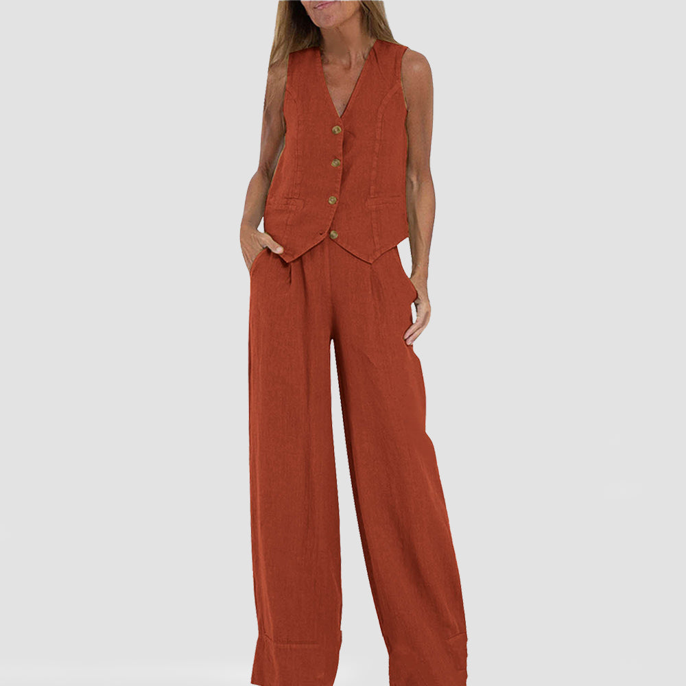 Emma Sheridan | Linen Vest & Wide-Leg Pants Set For Women