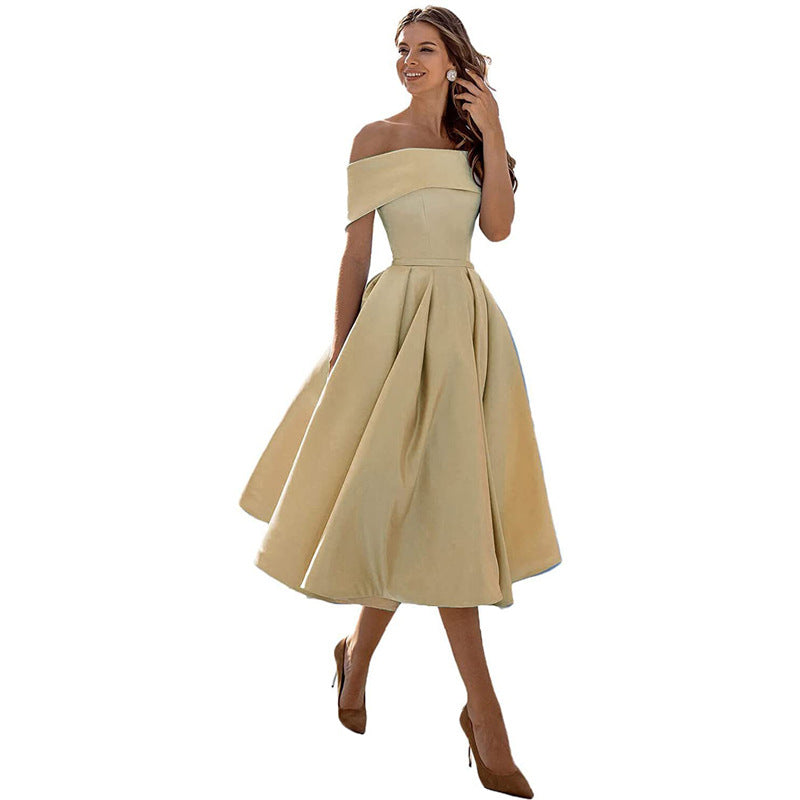 Phoebe Walker | Off-Shoulder Tea Length Satin Dress For Women