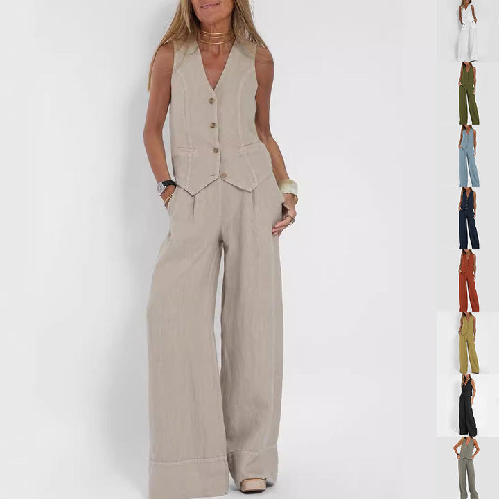 Emma Sheridan | Linen Vest & Wide-Leg Pants Set For Women