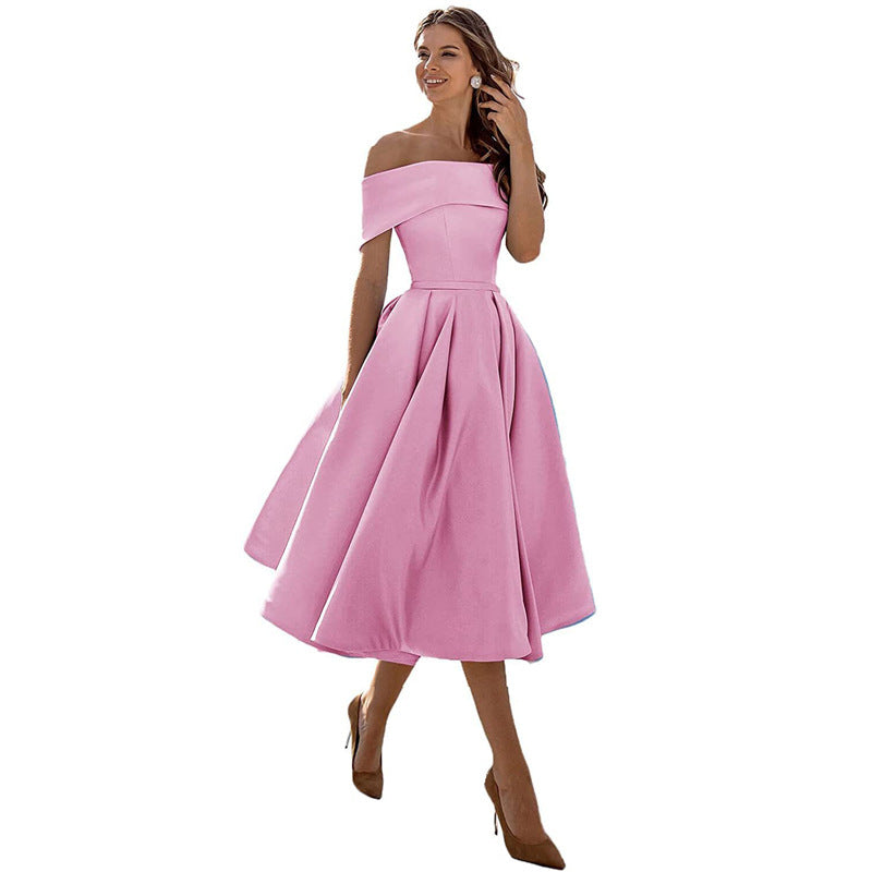 Phoebe Walker | Off-Shoulder Tea Length Satin Dress For Women