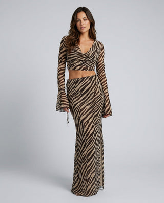 Tara Kingsley | Zebra Print Mesh Crop Top & Maxi Skirt Set For Women