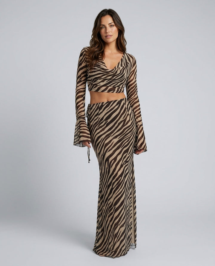 Tara Kingsley | Zebra Print Mesh Crop Top & Maxi Skirt Set For Women