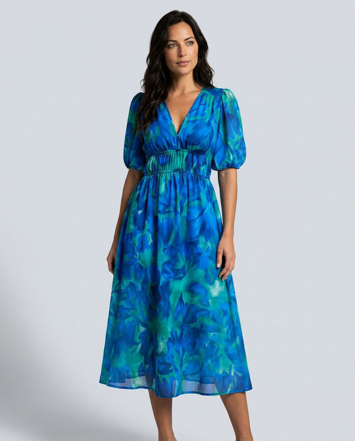 Phoebe Harrison | V-Neck Puff Sleeve Pleated Midi Dress For Women
