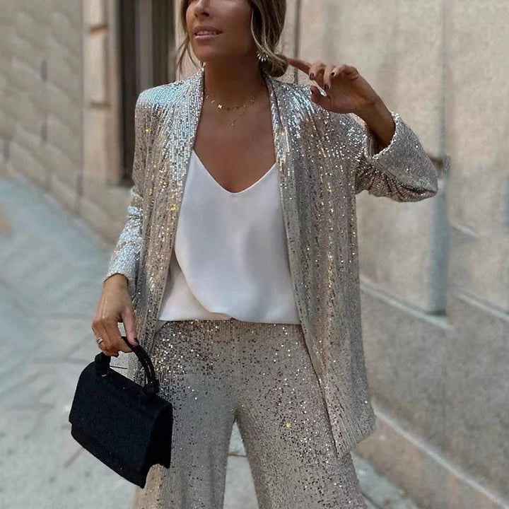Amelia Hughes | Sequin Two-Piece Set With High-Waisted Pants For Women