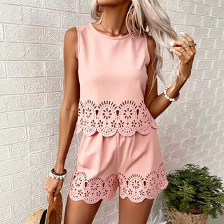 Amelia Rafferty | Eyelet Scallop Crop Tank & Shorts Set For Women — Butter Yellow