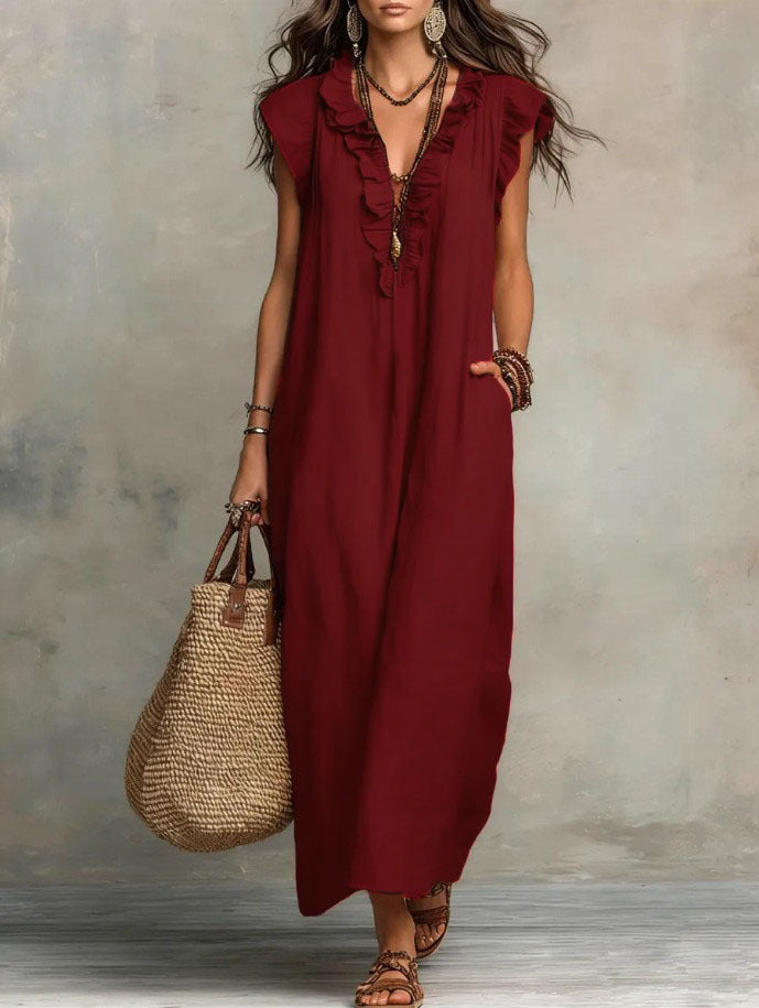 Mia Wilson | Bohemian Ruffle V-Neck Maxi Dress For Women