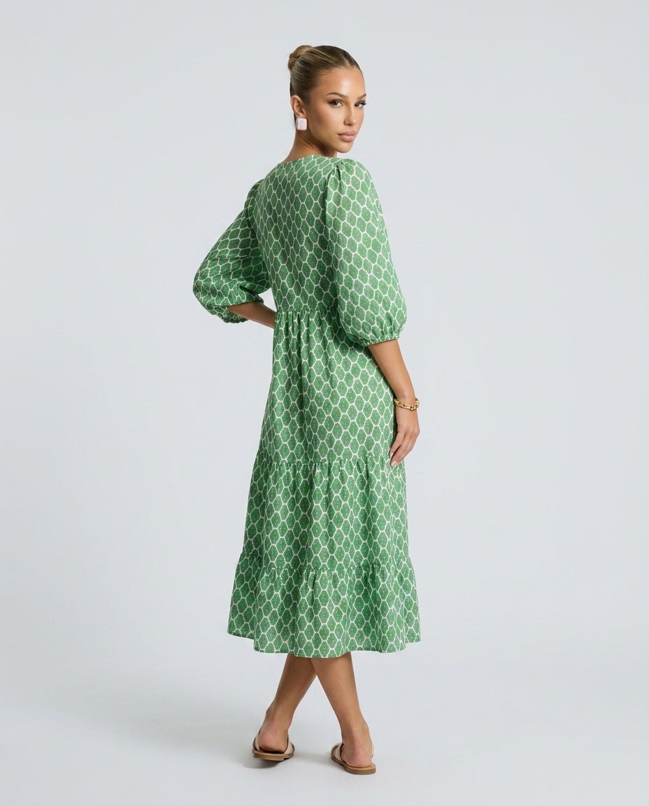 Mia Harrington | V-Neck Balloon Sleeve Tiered Maxi Dress For Women