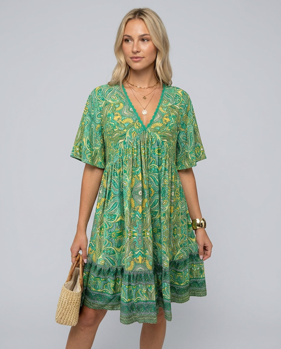 Brooke Flemming | V-Neck Flared Sleeve Paisley Mini Dress For Women