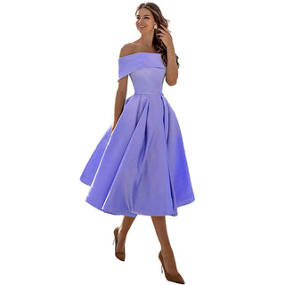 Phoebe Walker | Off-Shoulder Tea Length Satin Dress For Women