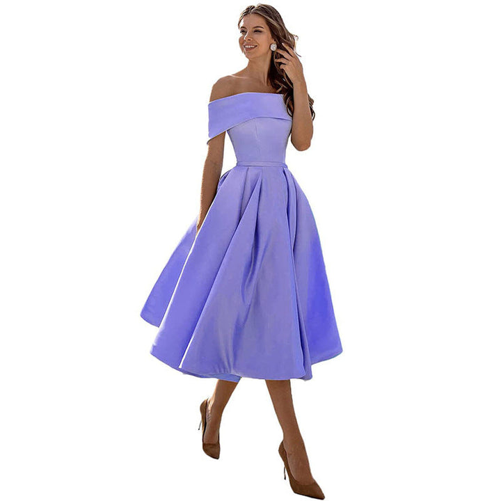 Phoebe Walker | Off-Shoulder Tea Length Satin Dress For Women