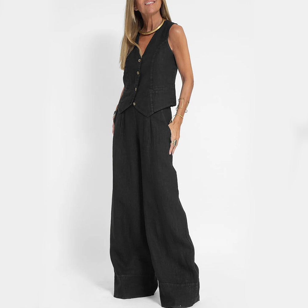 Emma Sheridan | Linen Vest & Wide-Leg Pants Set For Women