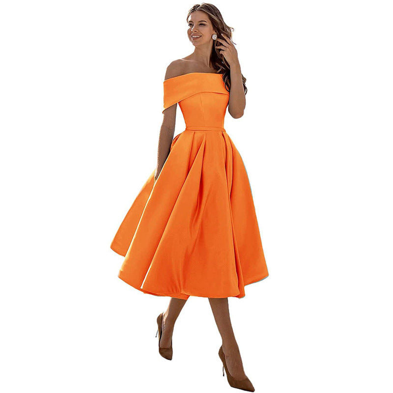 Phoebe Walker | Off-Shoulder Tea Length Satin Dress For Women