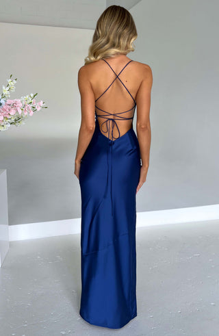 Elise Harrington | Navy Satin Maxi Cocktail Dress For Women