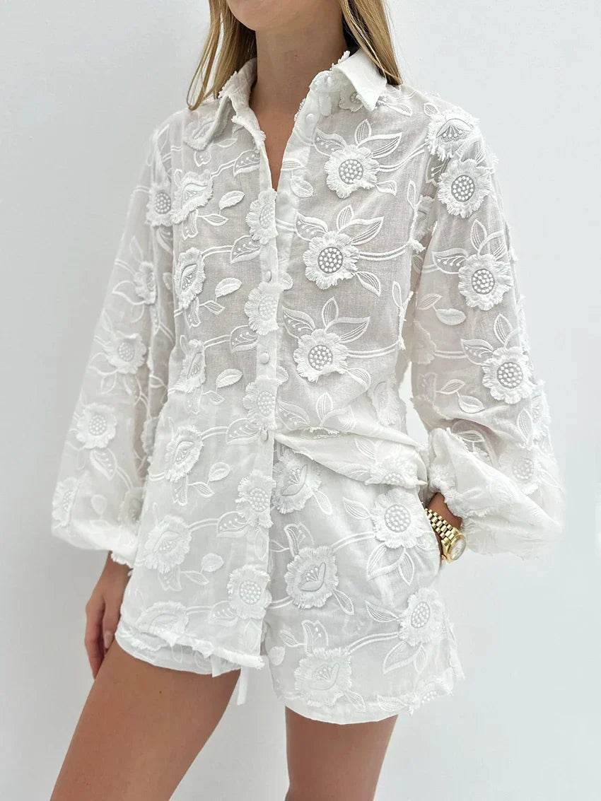 Elise Drummond | White Floral Embroidered Two-Piece Set For Women
