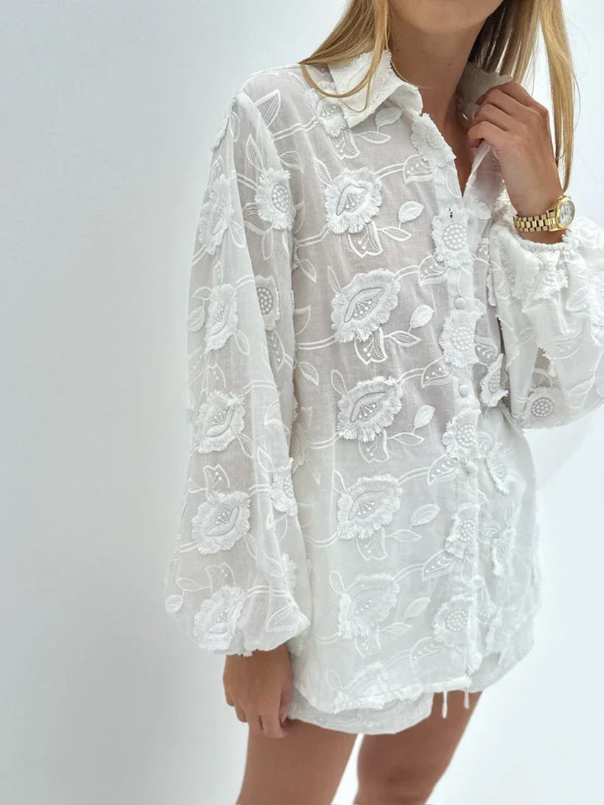 Elise Drummond | White Floral Embroidered Two-Piece Set For Women